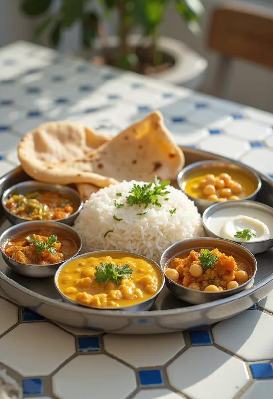 Posiłek Thali z różnymi potrawami, takimi jak ryż basmati, curry z ciecierzycy, warzywa, papad i chutney miętowy