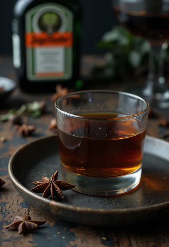 Domowy Jägermeister podany w butelce