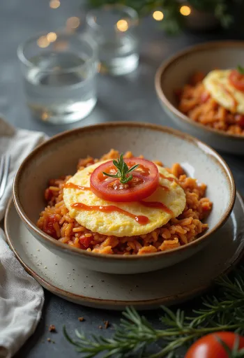 Omurice Bowl z pomidorami, podane pyszne danie japońskie