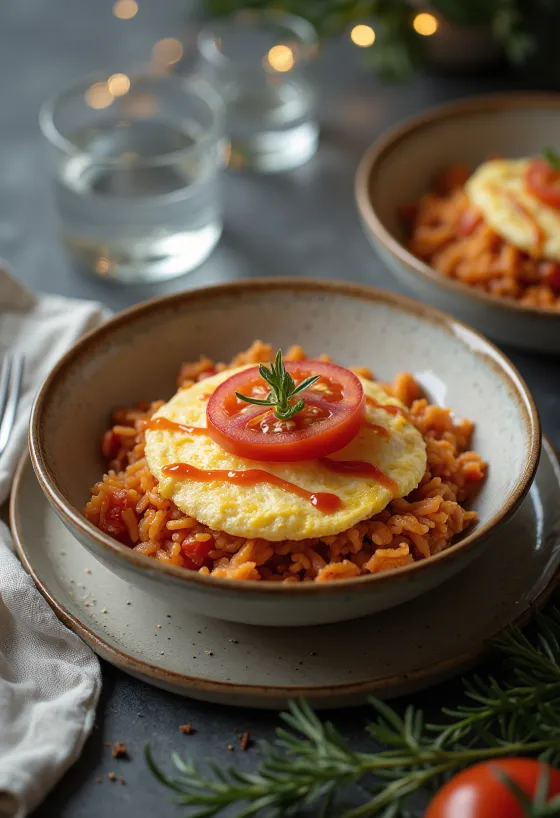 Omurice Bowl z pomidorami, podane pyszne danie japońskie