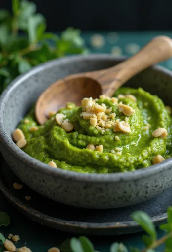 Wegańskie pesto z płatkami drożdżowymi podawane na makaronie