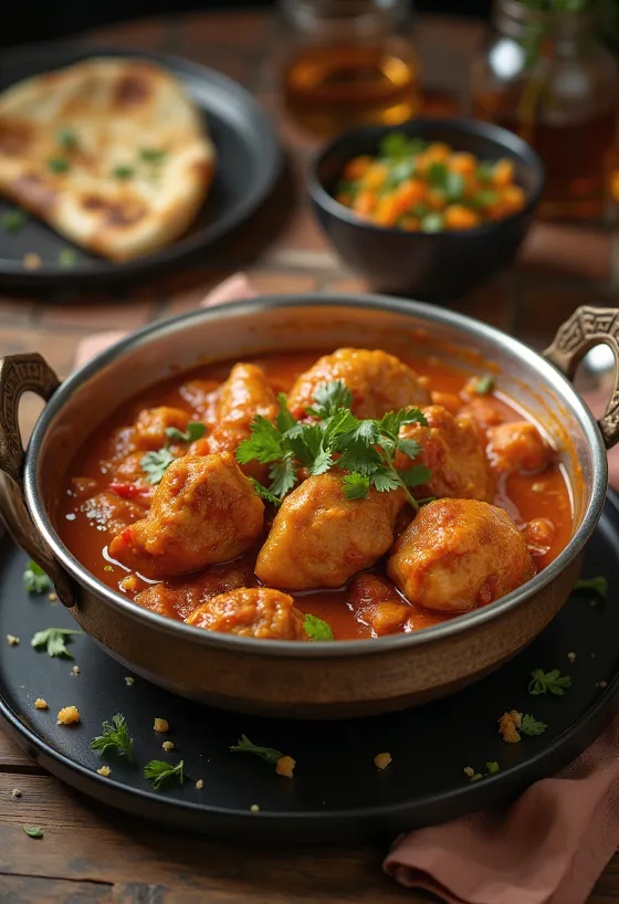 Rogan Josh z kurczakiem, podawany w pikantnym sosie