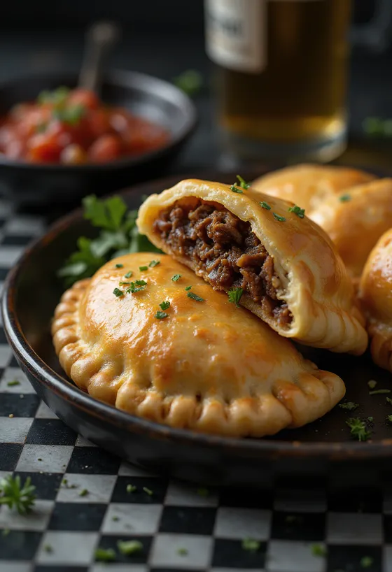 Empanadas z wołowiną i piwem podane na talerzu