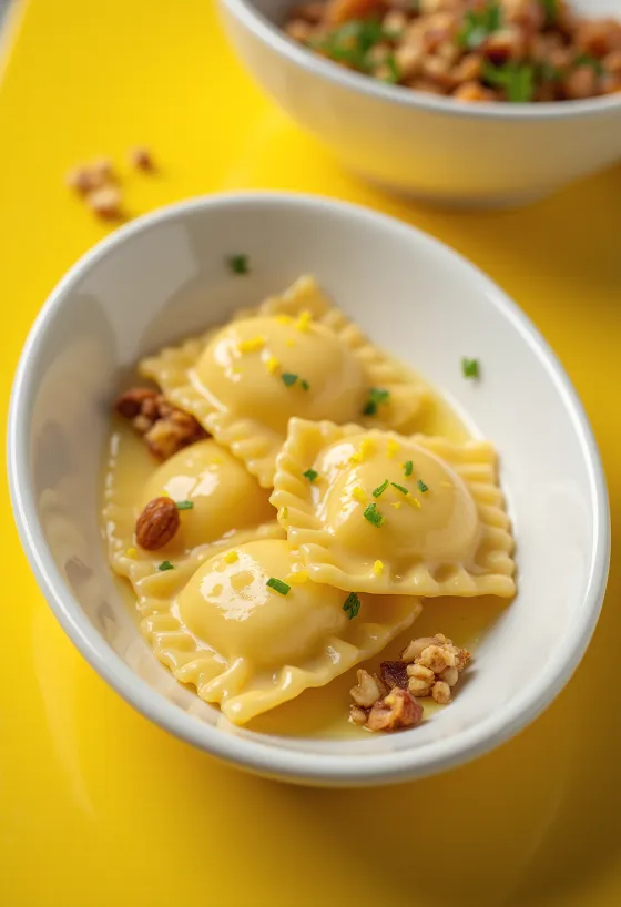 Ravioli z bazylią, cytryną i miodem podane na talerzu