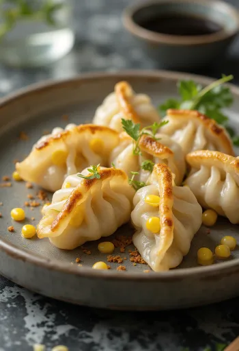 Kukurydziane gyoza o złotobrązowym spodzie podane z miseczką sosu sojowego