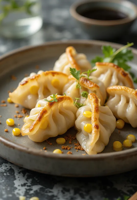 Kukurydziane gyoza o złotobrązowym spodzie podane z miseczką sosu sojowego