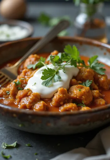Rogan Josh z jogurtem, podawany w pikantnym sosie