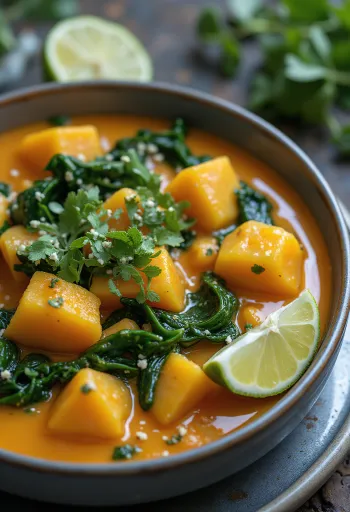 Curry z dyni ze szpinakiem podane na talerzu