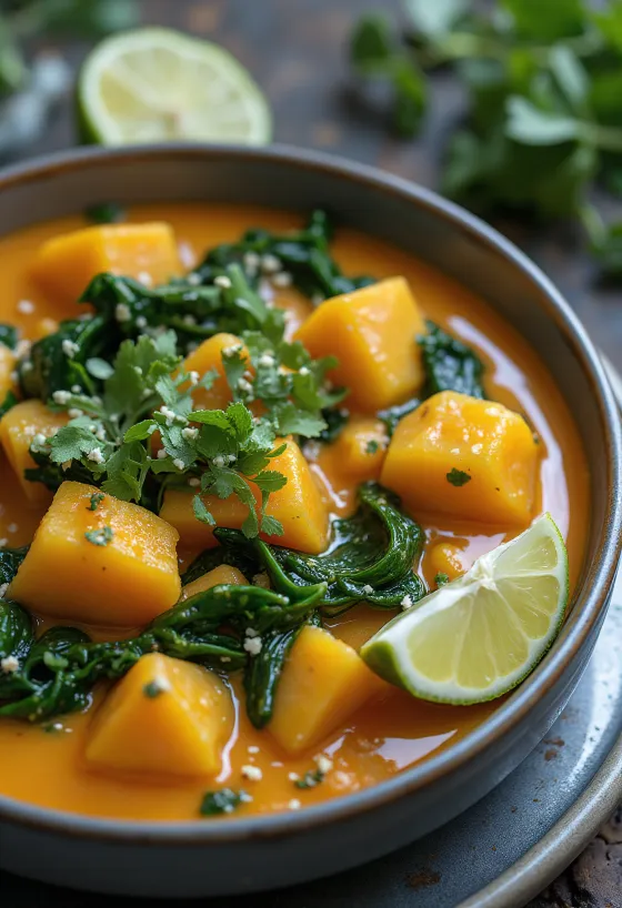 Curry z dyni ze szpinakiem podane na talerzu