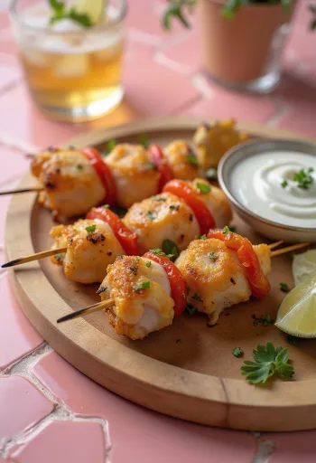 Pintxo z kurczakiem i jogurtem, podawane na talerzu, ze świeżą kolendrą