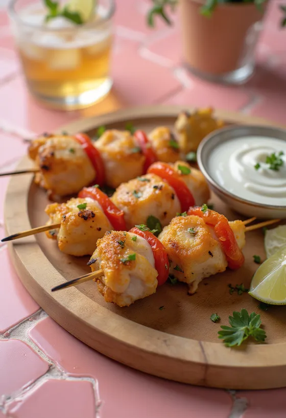 Pintxo z kurczakiem i jogurtem, podawane na talerzu, ze świeżą kolendrą