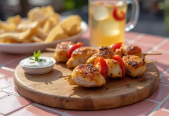 Pintxo z kurczakiem i jogurtem, podawane na talerzu, ze świeżą kolendrą