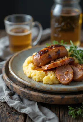 Kremowa polenta podana z pieczoną kiełbasą jako proste i sycące danie