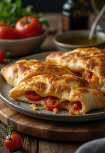 Świeżo upieczone calzone z bazylią i pomidorami