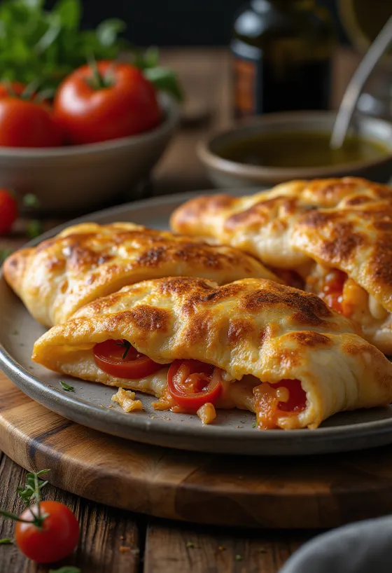 Świeżo upieczone calzone z bazylią i pomidorami