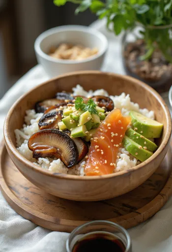 Miska chirashizushi ze świeżym łososiem, grzybami shiitake i awokado