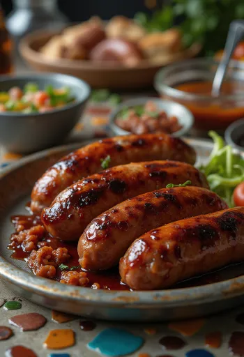 Wędzona kiełbasa BBQ z sosem chipotle podana na talerzu
