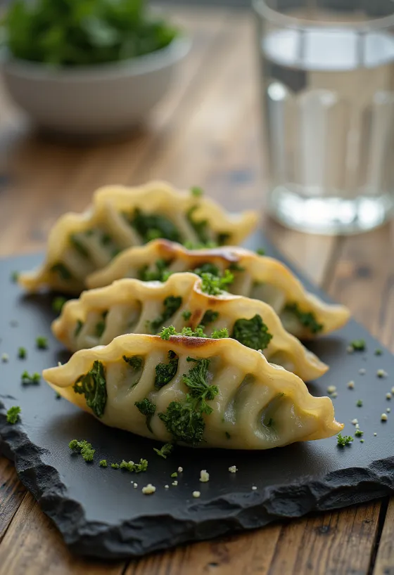 Jarmużowe gyoza z chrupiącym spodem podawane z miseczką sosu sojowego