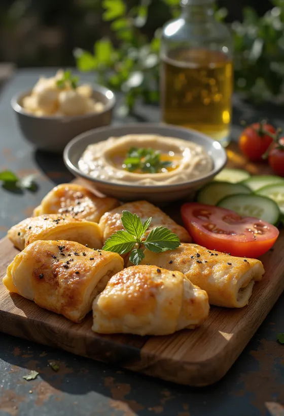 Świeży talerz meze z borkiem, hummusem, serem feta i warzywami