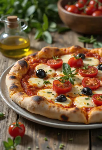 Pizza alla Barese z pomidorami i czarnymi oliwkami