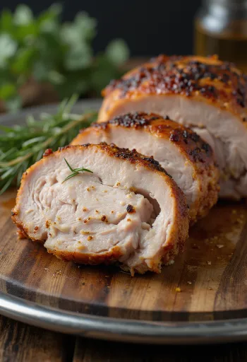 Wędzona pierś z dzikiego indyka podana z grillowanymi warzywami.