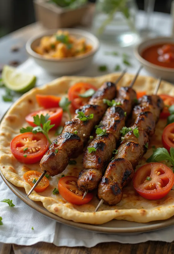 Urfa kebab z grillowanym mięsem mielonym, podawany z płaskim chlebkiem i warzywami