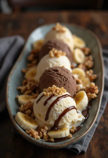 Lody Banana Split podane na talerzu