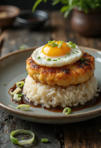 Loco moco z kotletem rybnym, podawane z jajkiem sadzonym, kolendrą i sałatą