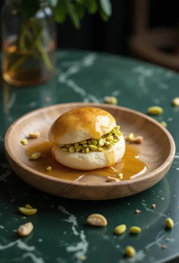Bao bun z pistacjami i miodem podane na talerzu