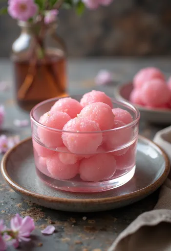 Różowe Rasgulla, indyjskie słodycze z wodą różaną, ze świeżą kolendrą