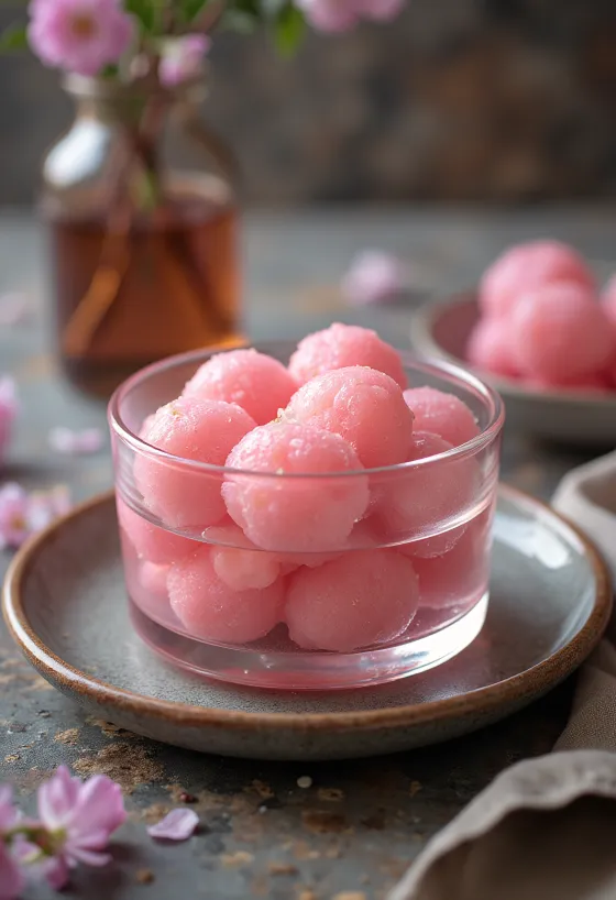 Różowe Rasgulla, indyjskie słodycze z wodą różaną, ze świeżą kolendrą