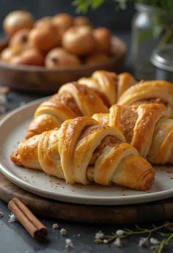 Burek z jabłkami i cynamonem upieczony na złoty kolor, posypany cukrem pudrem