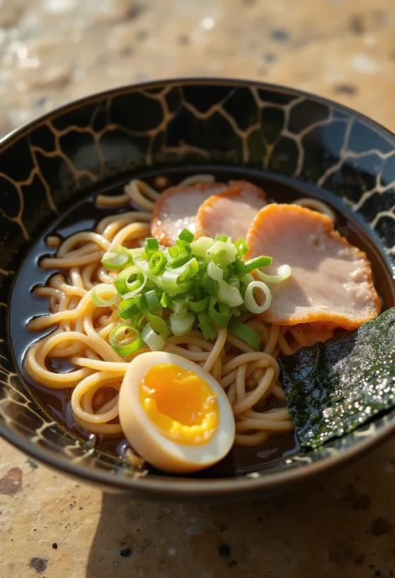 Asahikawa ramen z wywarem rybno-wieprzowym, mięsem chashu i jajkiem