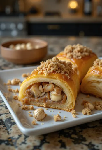 Strudel Ferrero Rocher podany na talerzu