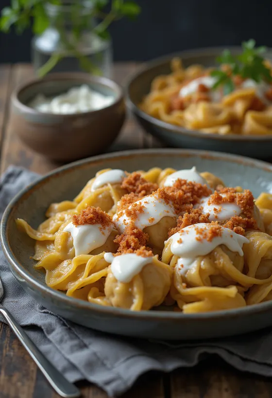 Manti z wołowiną podawane z jogurtem i kolendrą