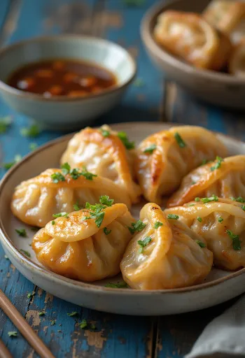 BBQ Chicken Gyoza usmażone na złocisty kolor z sosem BBQ