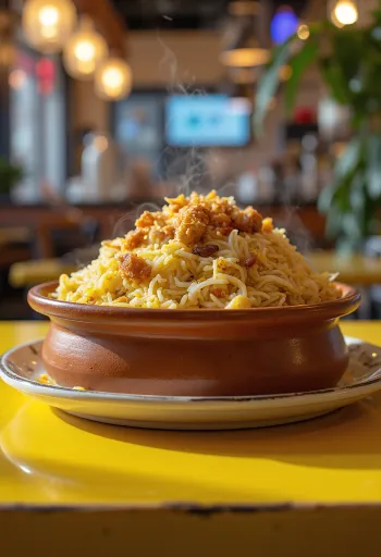 Garnek pełen kolorowego ryżu biryani z kawałkami kurczaka i kolendrą