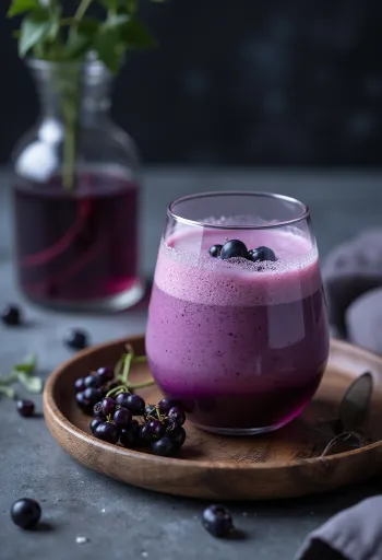 Kefir z zieloną herbatą i czarną porzeczką podany w szklance, bez świeżych owoców