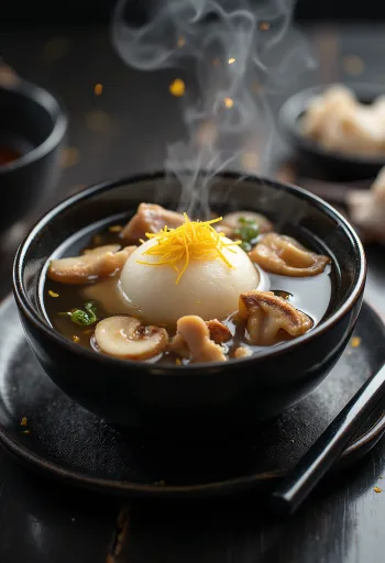 Zoni ze skórką yuzu, zupa miso, podawana ze świeżą dymką i grzybami shiitake