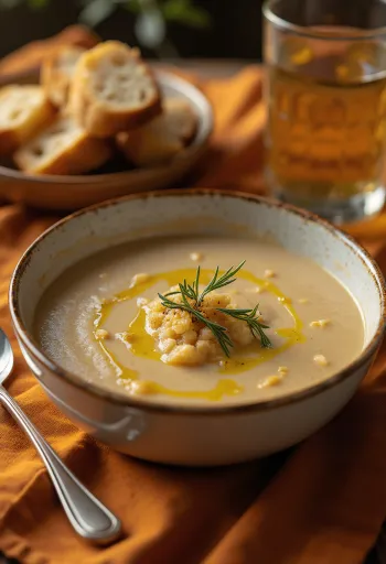 Zupa Açorda podana z oliwą z oliwek i czosnkiem, ze świeżą pietruszką