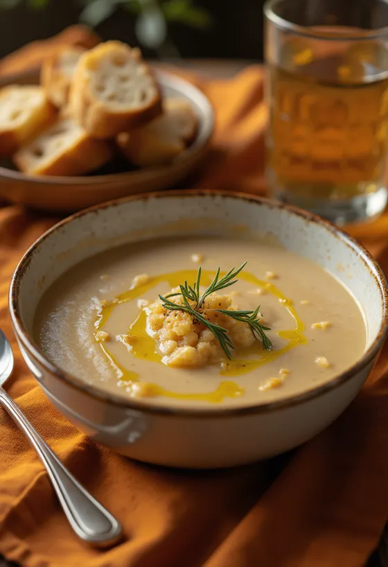 Zupa Açorda podana z oliwą z oliwek i czosnkiem, ze świeżą pietruszką
