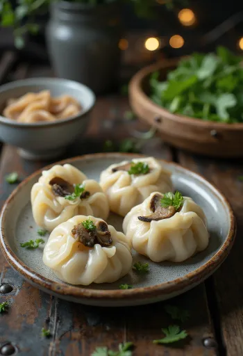 Bánh bột lọc z grzybami, podawane z nadzieniem grzybowym i świeżą kolendrą