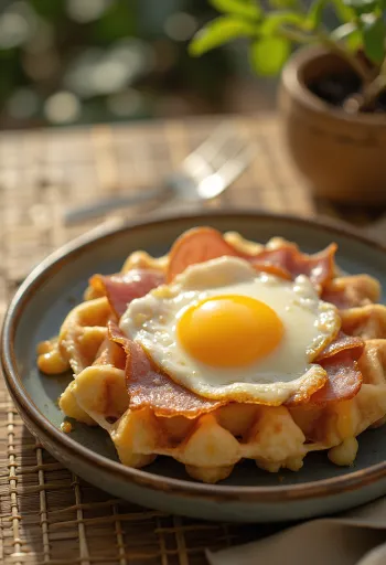 Gofry Croque Madame świeżo upieczone z jajkiem sadzonym