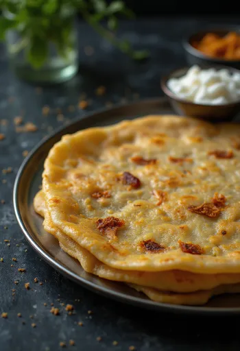 Adai dosa świeżo upieczona na chrupko, podawana z pikantnym nadzieniem