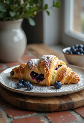 Croissant z borówkami podany na talerzu