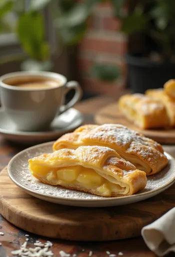 Strudel ananasowy świeżo upieczony, posypany cukrem pudrem