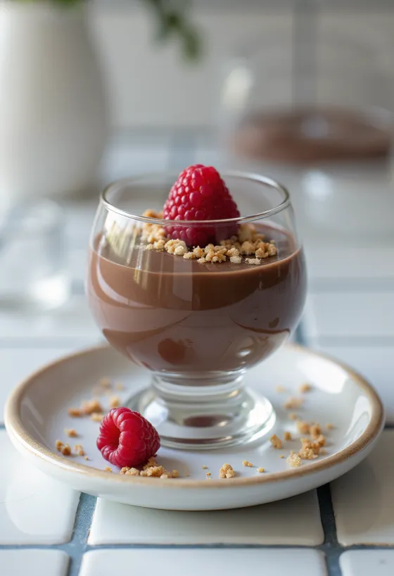Czekoladowa panna cotta bez cukru podana na talerzu