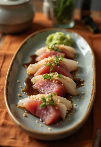 Katsuo tataki z wasabi, plastry tuńczyka udekorowane ziarnami sezamu i zieloną cebulką