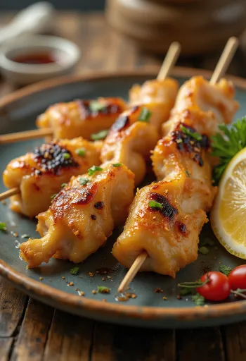 Nankotsu yakitori chrząstki z kurczaka na patyku, podawane z sezamem i świeżą dymką