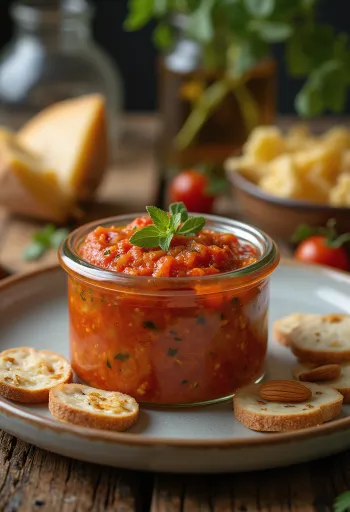 Pesto z suszonymi pomidorami i migdałami, udekorowane świeżą bazylią